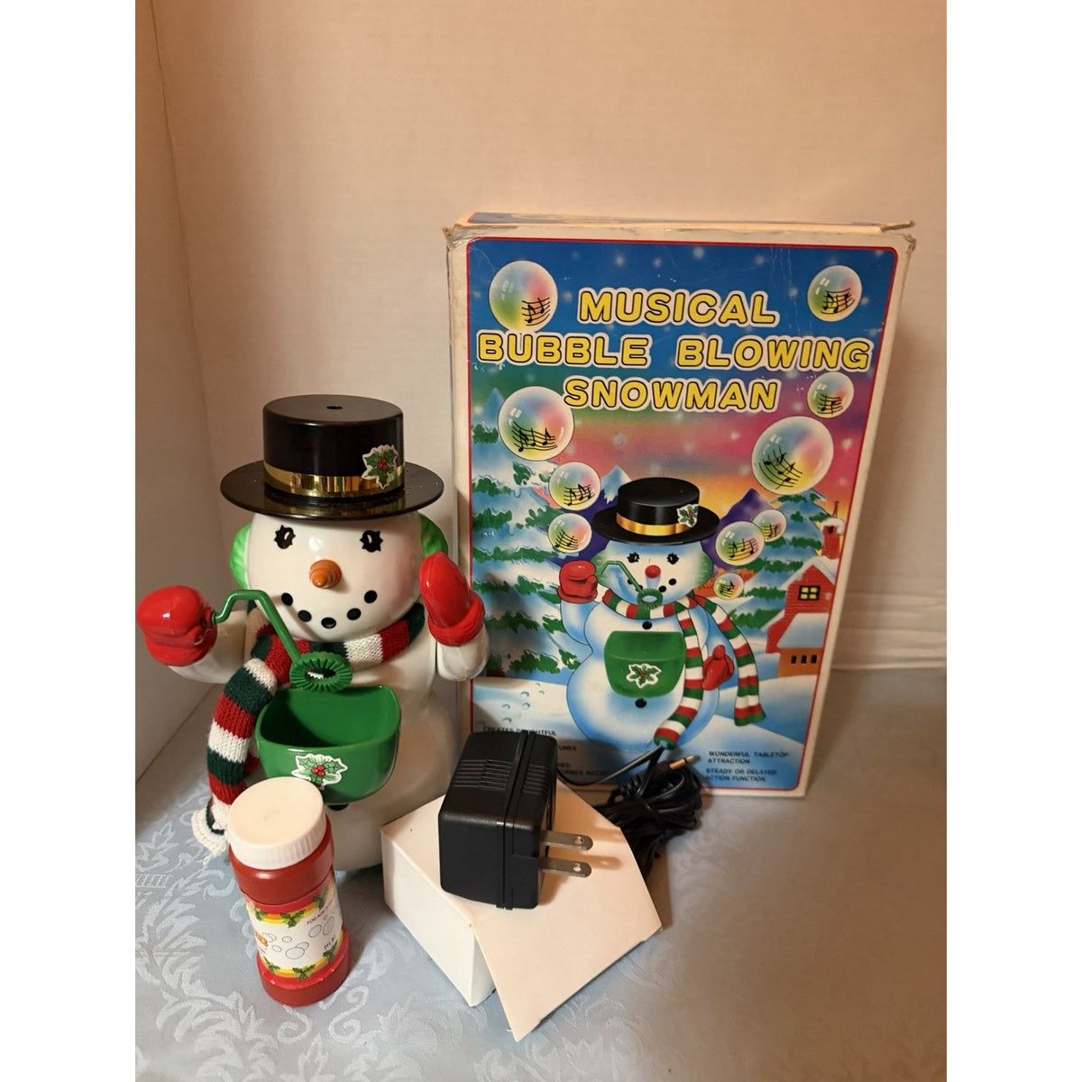 Musical Bubble Blowing Snowman Christmas Figurine, Corded w/ Box & Adapter
