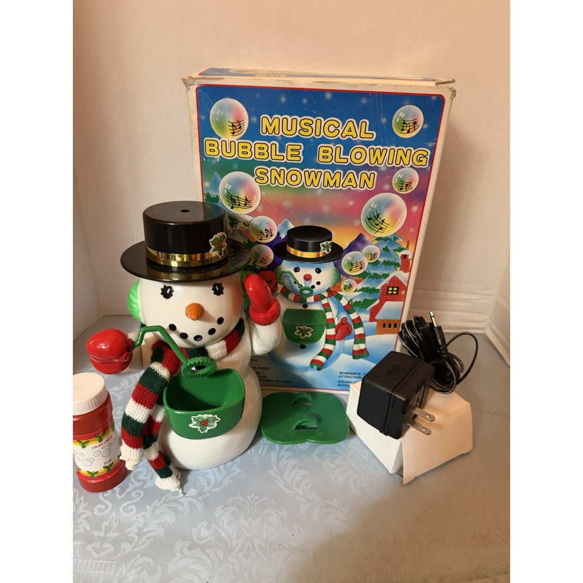 Musical Bubble Blowing Snowman Christmas Figurine, Corded w/ Box & Adapter