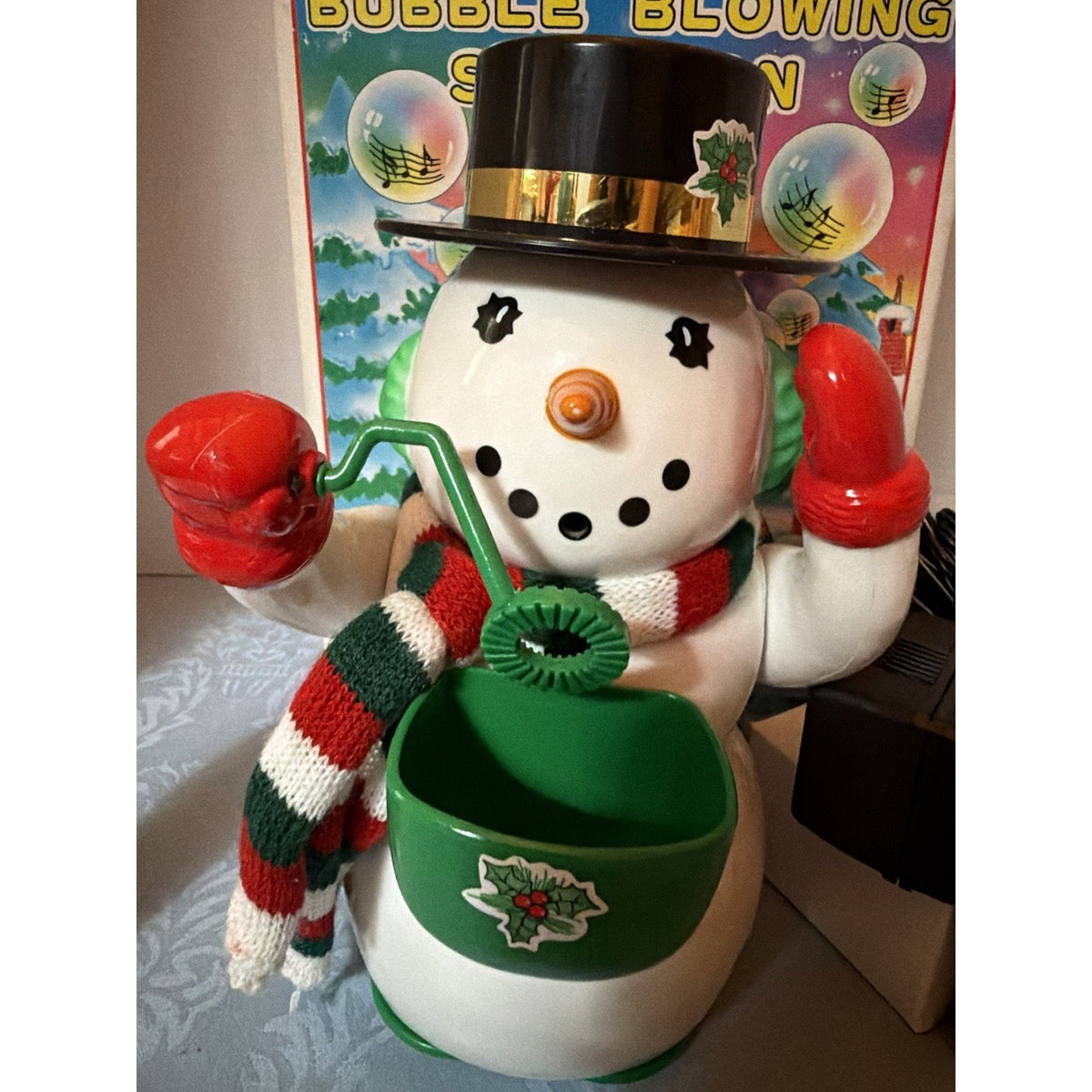 Musical Bubble Blowing Snowman Christmas Figurine, Corded w/ Box & Adapter