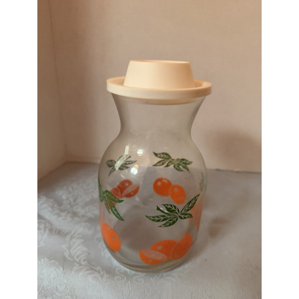 Glass Canister Jar w/ Plastic Lid Fruit Pattern Vintage 7oz 7"x3" E51031