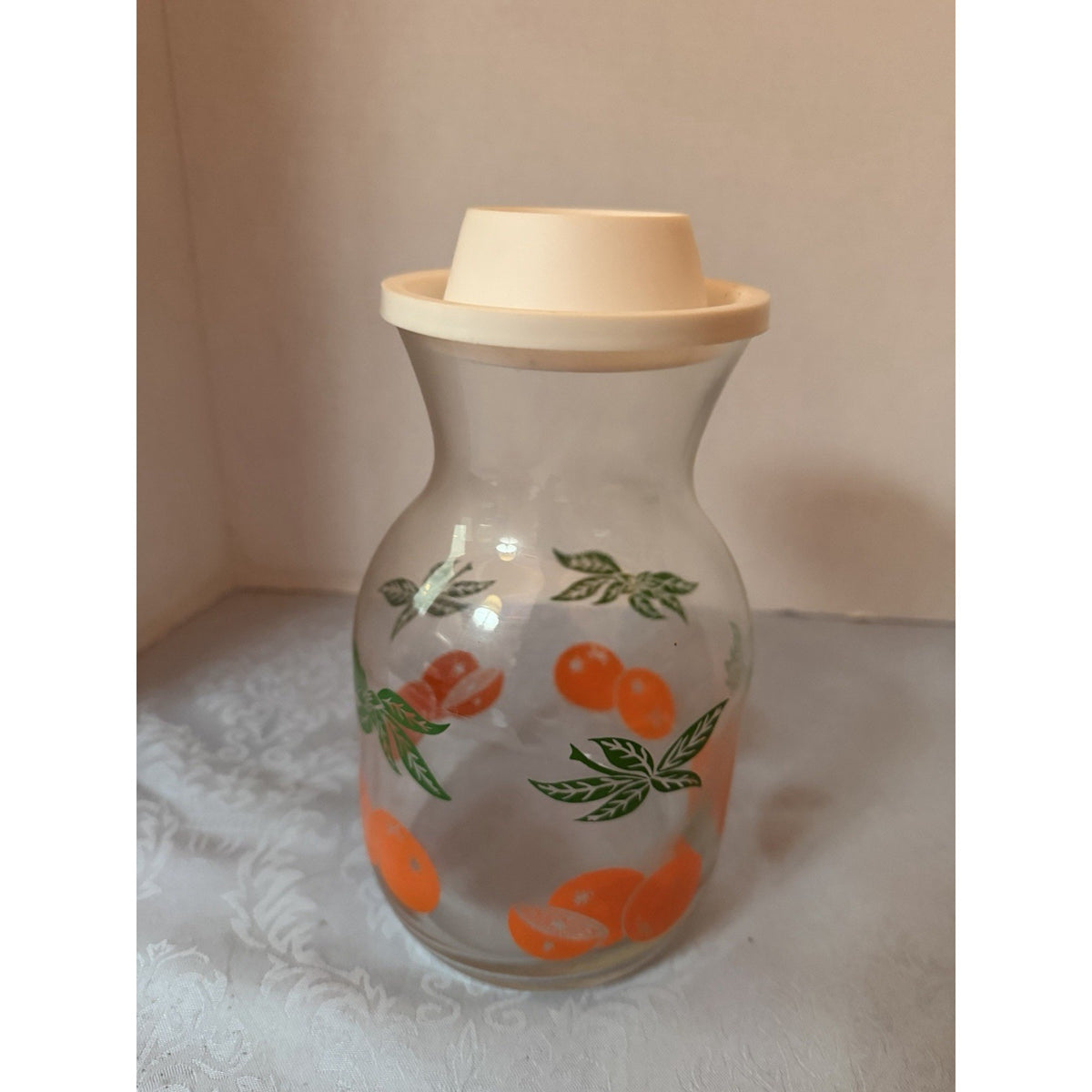 Glass Canister Jar w/ Plastic Lid Fruit Pattern Vintage 7oz 7"x3" E51031