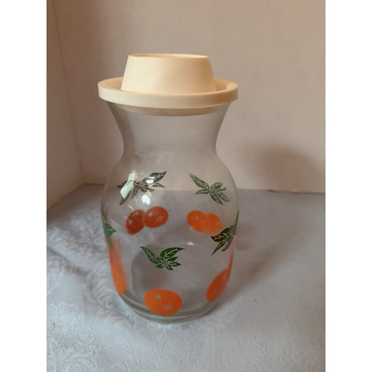 Glass Canister Jar w/ Plastic Lid Fruit Pattern Vintage 7oz 7"x3" E51031