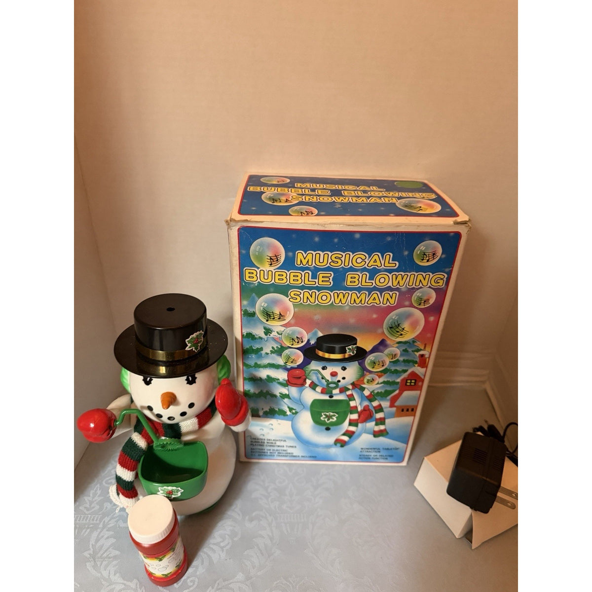 Musical Bubble Blowing Snowman Christmas Figurine, Corded w/ Box & Adapter