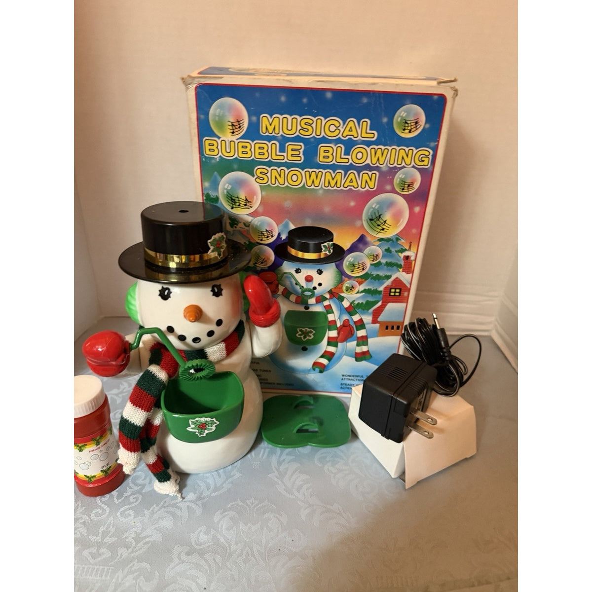 Musical Bubble Blowing Snowman Christmas Figurine, Corded w/ Box & Adapter