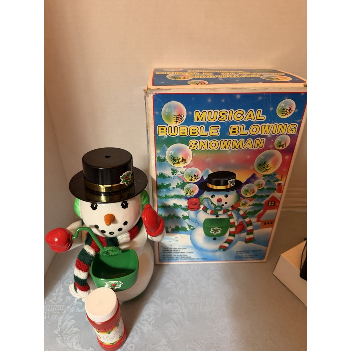 Musical Bubble Blowing Snowman Christmas Figurine, Corded w/ Box & Adapter