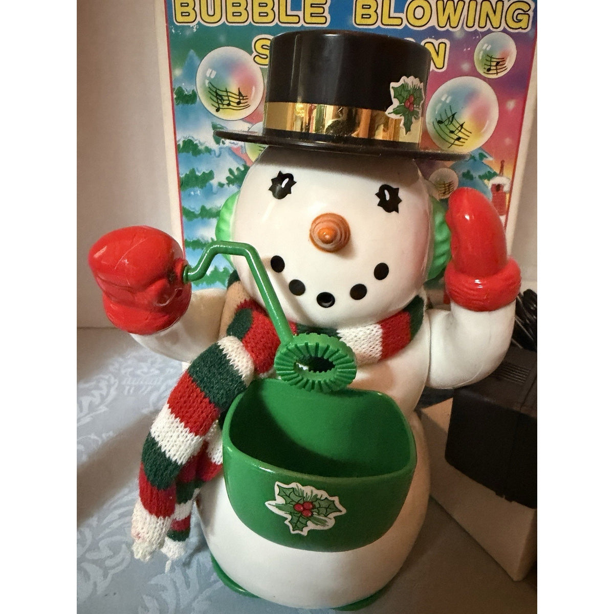 Musical Bubble Blowing Snowman Christmas Figurine, Corded w/ Box & Adapter