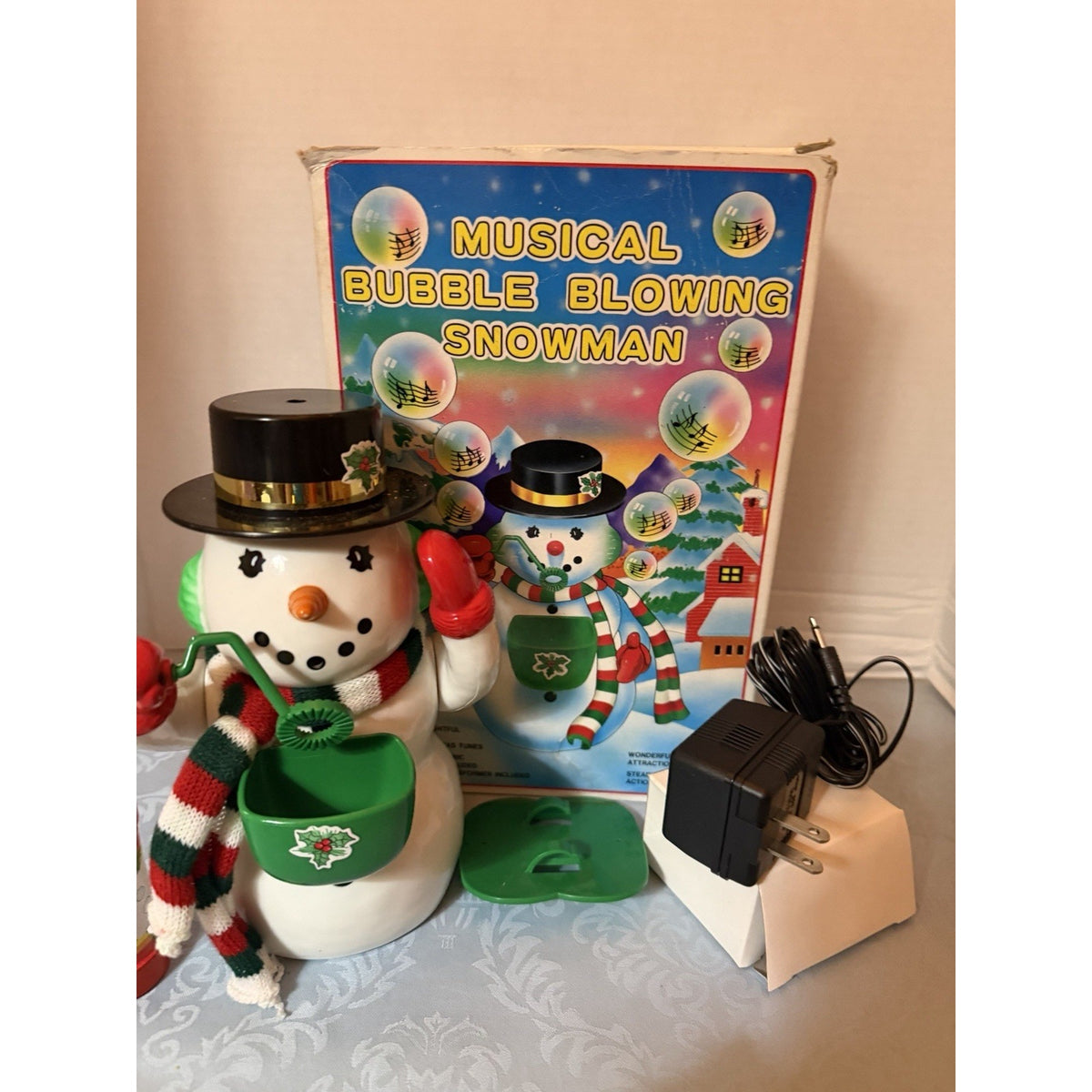 Musical Bubble Blowing Snowman Christmas Figurine, Corded w/ Box & Adapter