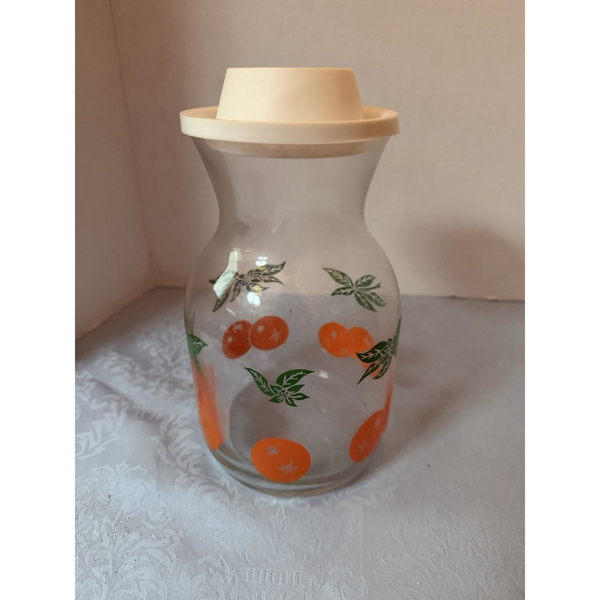 Glass Canister Jar w/ Plastic Lid Fruit Pattern Vintage 7oz 7"x3" E51031